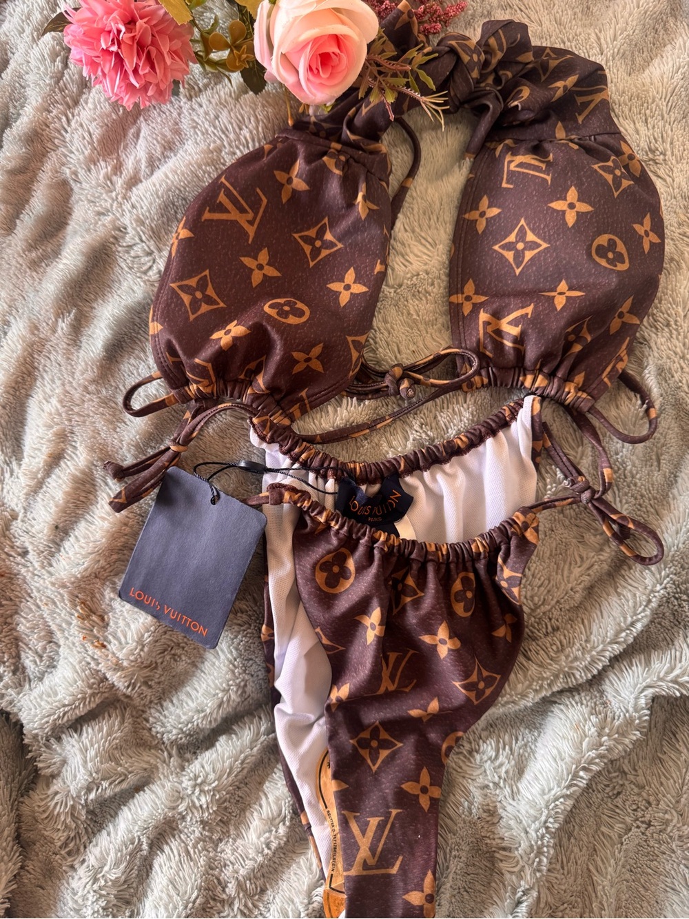 Louis Vuitton Brown & Gold Monogram Bandeau Bikini Set - Picture 4 of 6